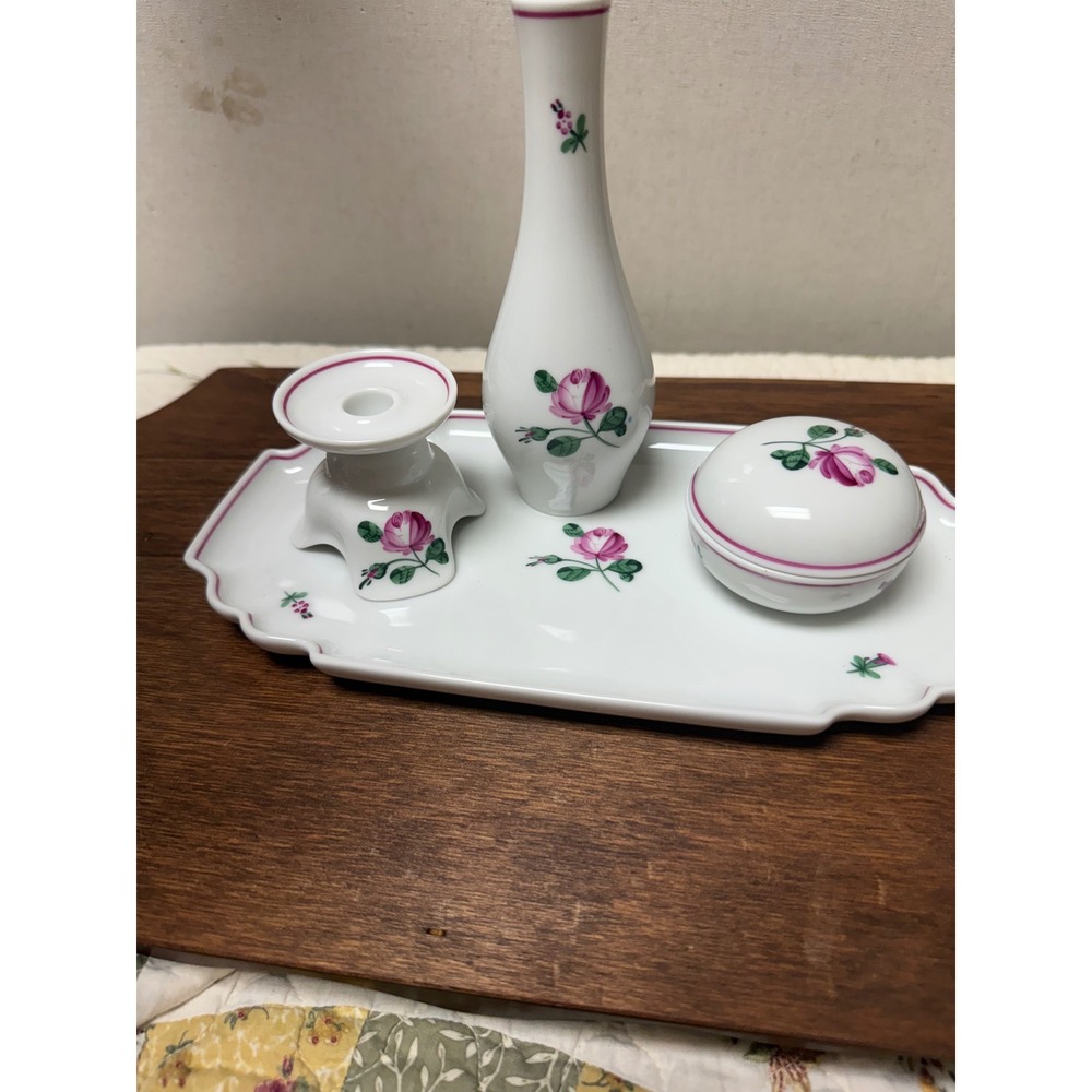 Augarten Wien Viennese Rose Porcelain Vanity Set Tray Vase Trinket Box 4pc - Picture 7 of 7